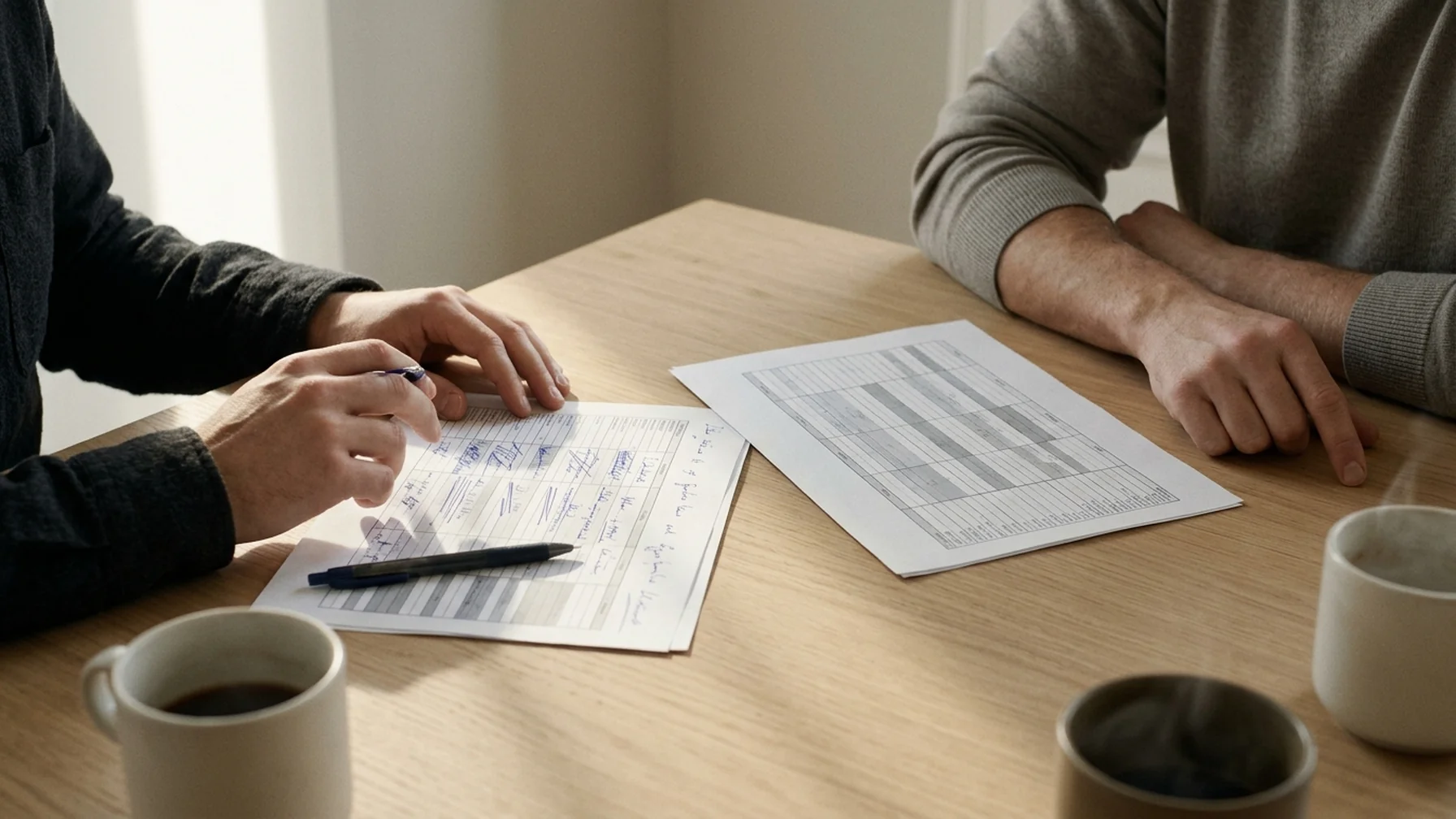 Two people at a wooden desk comparing two printed payout schedules side by side, one sheet marked with a pen, morning light from a window
