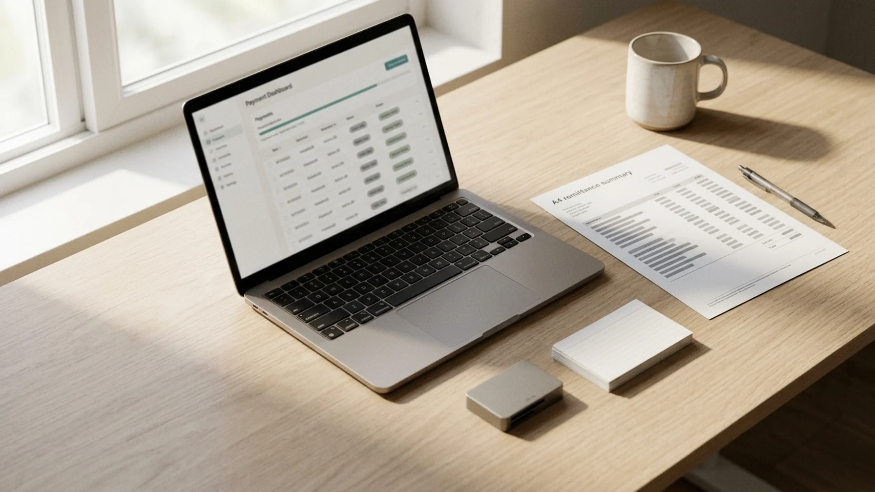 A finance desk with a laptop showing a payment dashboard, a printed remittance summary, and a card reader, lit by soft window light.