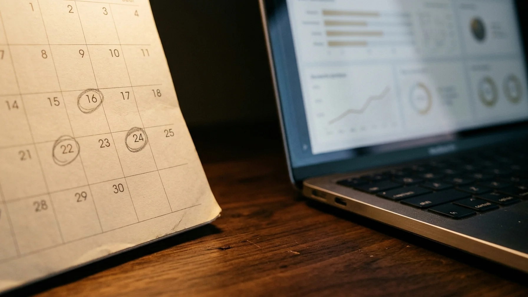 Close-up of a calendar page with a few dates circled in pencil next to a laptop showing a payment dashboard, warm desk lamp light